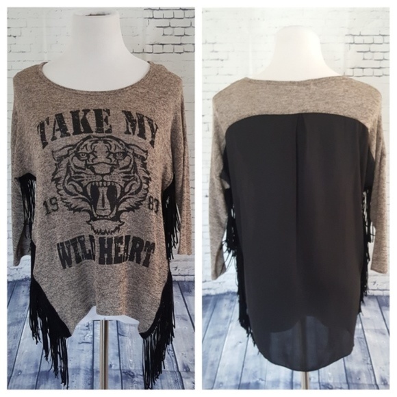 Tan Black Fringe Take My Wild Heart Graphic Tiger Print Slub Top Vintage Style - Picture 10 of 12